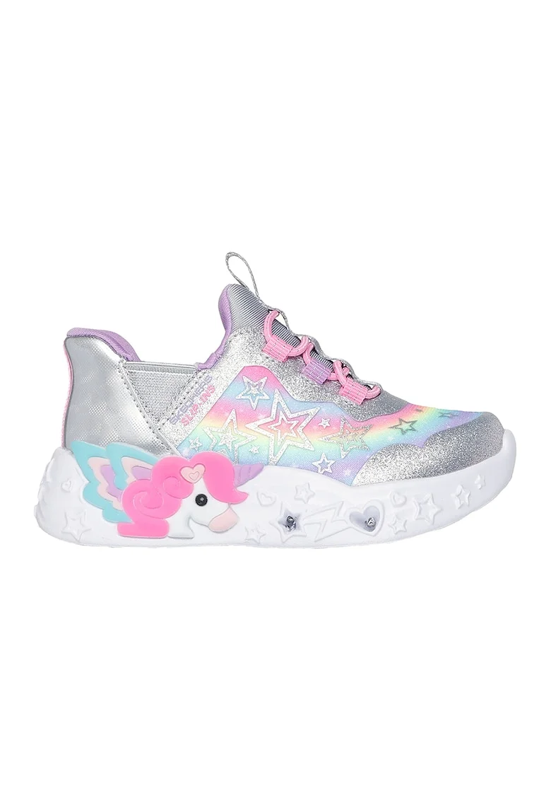 Pantofi sport slip-ins Unicorn Charmer cu aspect stralucitor si lumini, Roz deschis/Argintiu