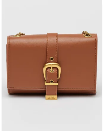 Geanta crossbody de piele ecologica cu bareta de lant, Maro scortisoara