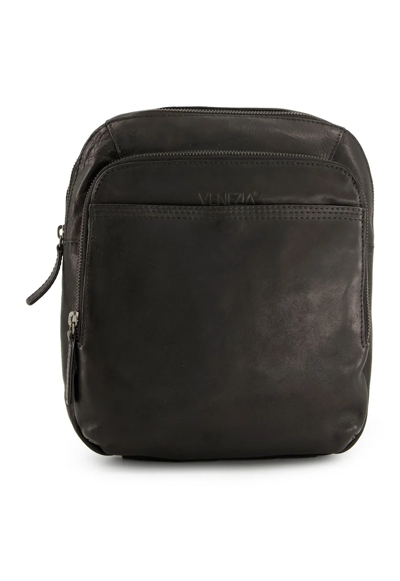 Geanta crossbody din piele naturala cu buzunare multiple, Negru, 30x24x7