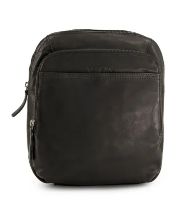 Geanta crossbody din piele naturala cu buzunare multiple, Negru, 30x24x7