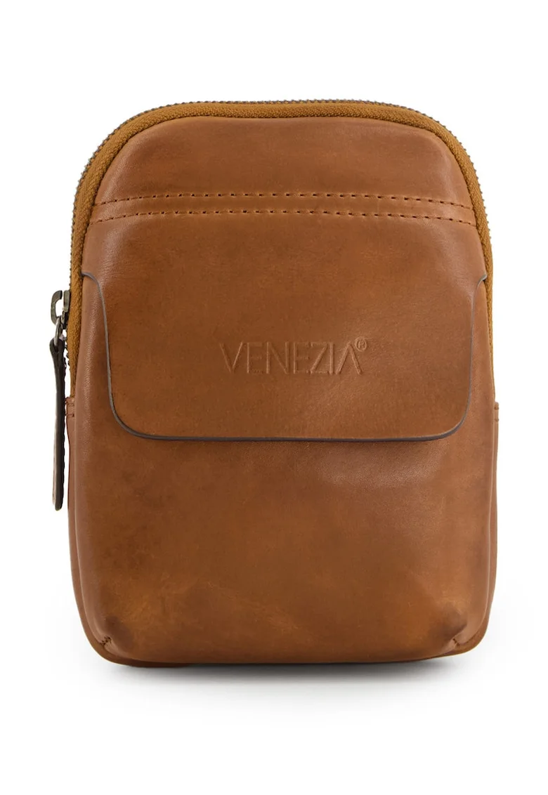Geanta crossbody din piele naturala cu detaliu logo stantat, Maro