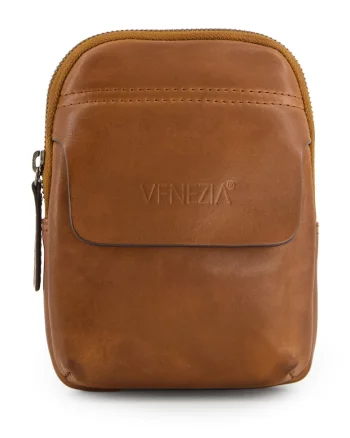Geanta crossbody din piele naturala cu detaliu logo stantat, Maro