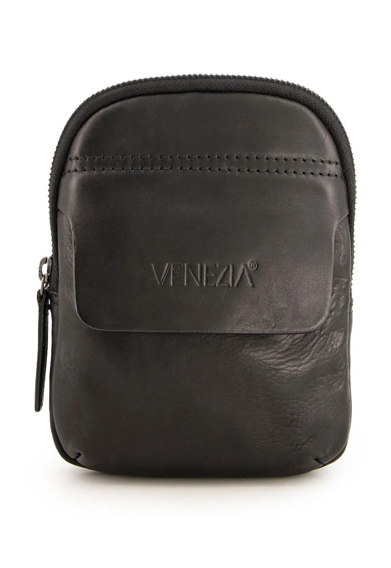 Geanta crossbody din piele naturala cu detaliu logo stantat, Negru