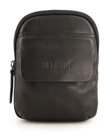 Geanta crossbody din piele naturala cu detaliu logo stantat, Negru