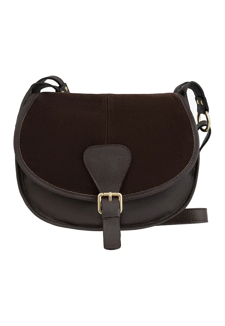 Geanta crossbody din piele cu garnitura din piele intoarsa, Maro inchis