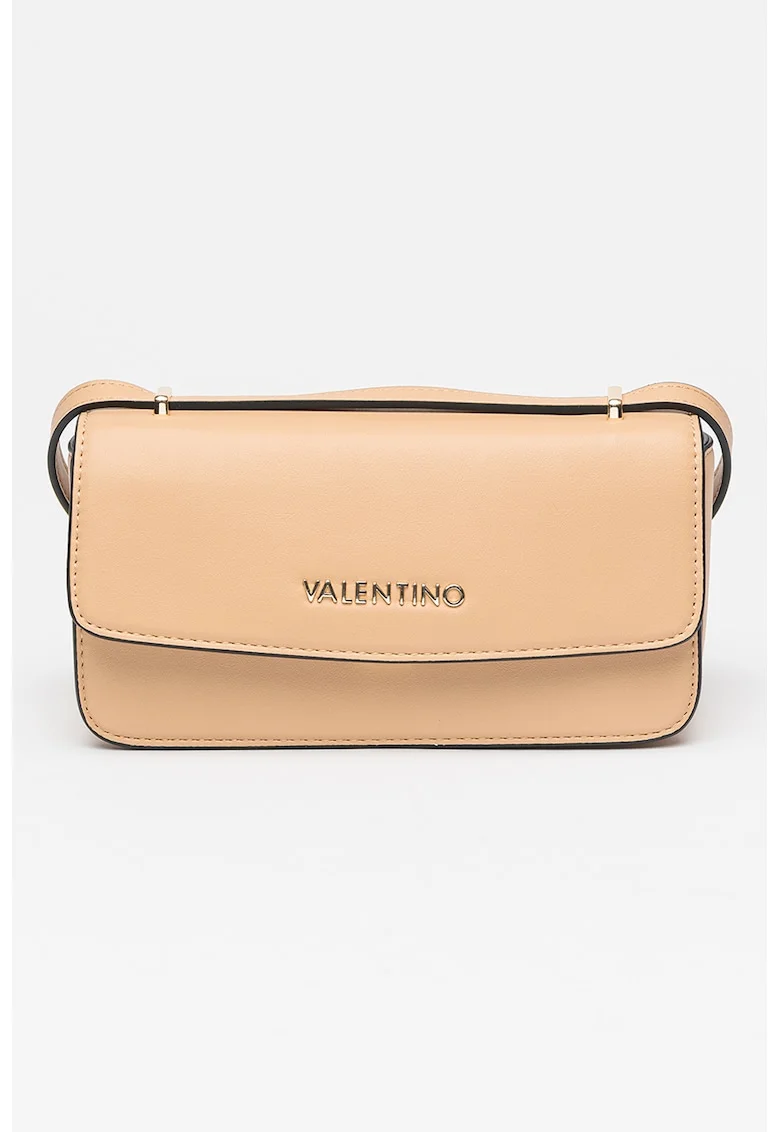 Geanta crossbody de piele ecologica cu logo metalic, Bej