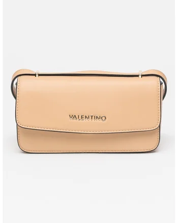 Geanta crossbody de piele ecologica cu logo metalic, Bej