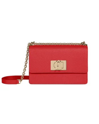 Geanta crossbody din piele cu bareta din lant si protectie pentru umar, Rosu