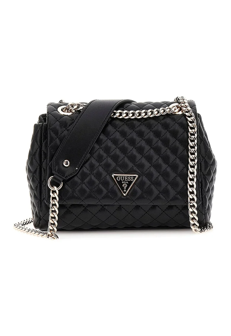 Geanta crossbody cu bareta din lant, clapa si aspect matlasat, Negru