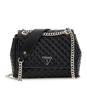 Geanta crossbody cu bareta din lant, clapa si aspect matlasat, Negru