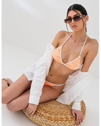 Sutien triunghiular de baie cu model, Portocaliu deschis/Crem