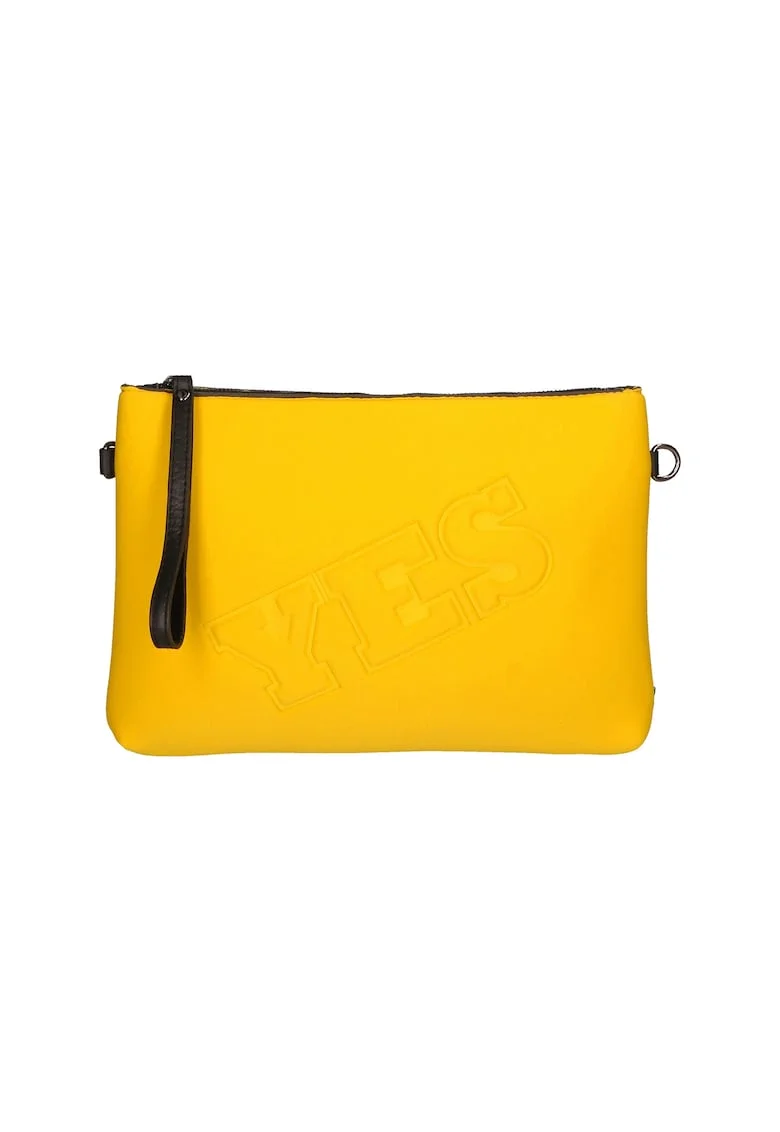 Geanta crossbody cu fermoar si text in relief, Galben