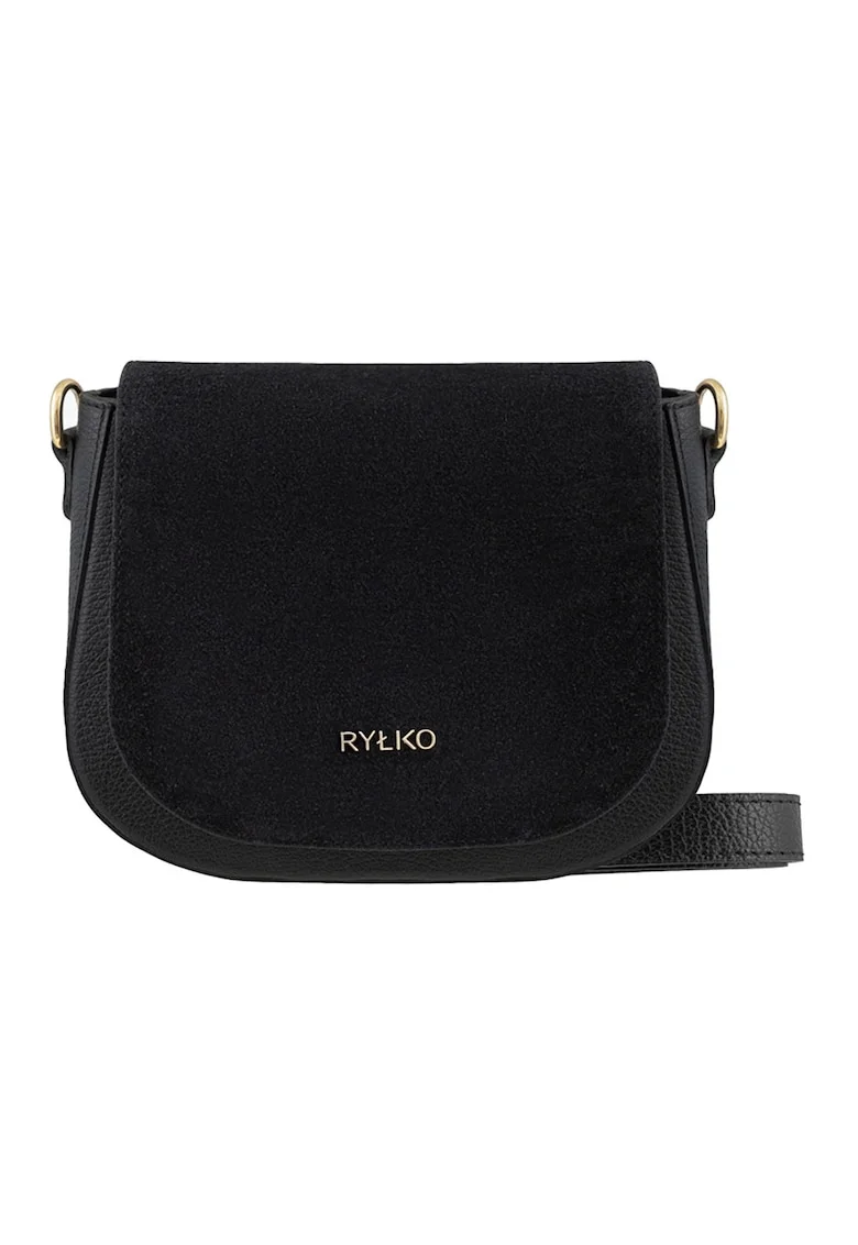 Geanta crossbody cu clapa din piele intoarsa, Negru stins