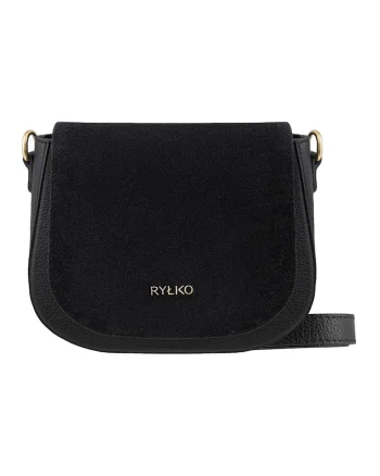Geanta crossbody cu clapa din piele intoarsa, Negru stins