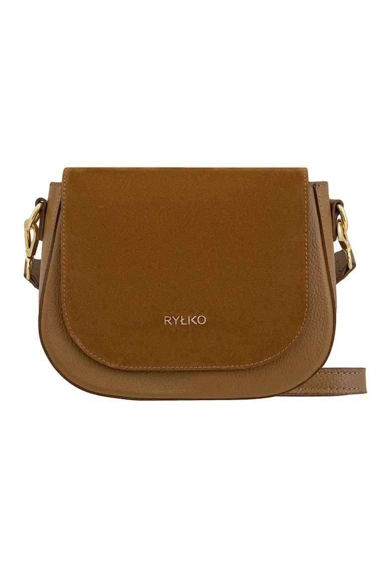 Geanta crossbody cu clapa din piele intoarsa, Maro scortisoara