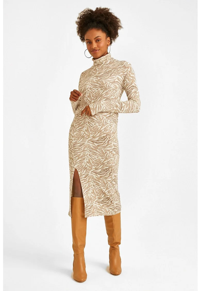 Rochie cu croiala bodycon si imprimeu zebra, Alb/Maro nisip