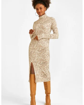 Rochie cu croiala bodycon si imprimeu zebra, Alb/Maro nisip