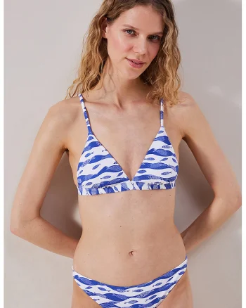 Sutien triunghiular de baie cu aspect texturat, Alb/Albastru inchis