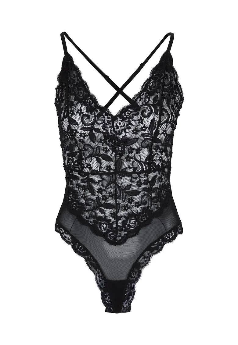 Body de dantela cu garnitura de plasa, Negru