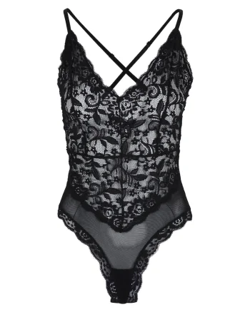 Body de dantela cu garnitura de plasa, Negru