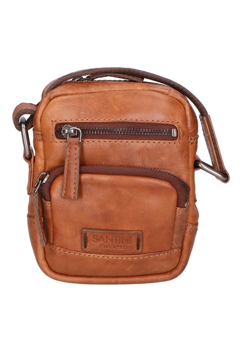 Geanta crossbody unisex de piele cu buzunare multiple, Maro cognac