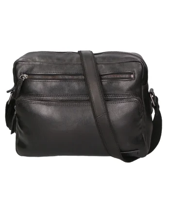 Geanta crossbody unisex de piele cu buzunare multiple, Negru