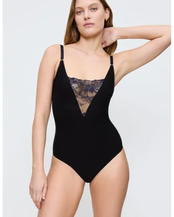 Body din amestec de lyocell cu garnitura din dantela si bretele ajustabile, Negru
