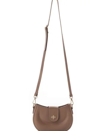 Geanta crossbody de piele ecologica cu logo metalic, Maro taupe