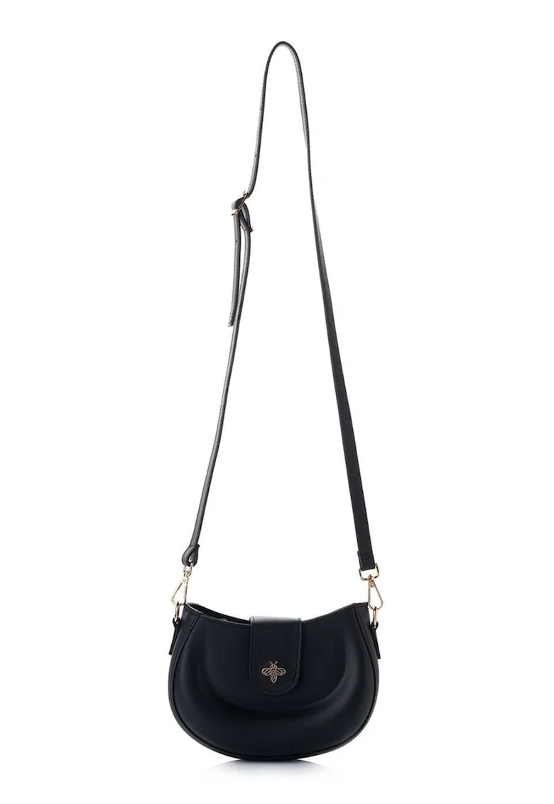 Geanta crossbody de piele ecologica cu logo metalic, Negru
