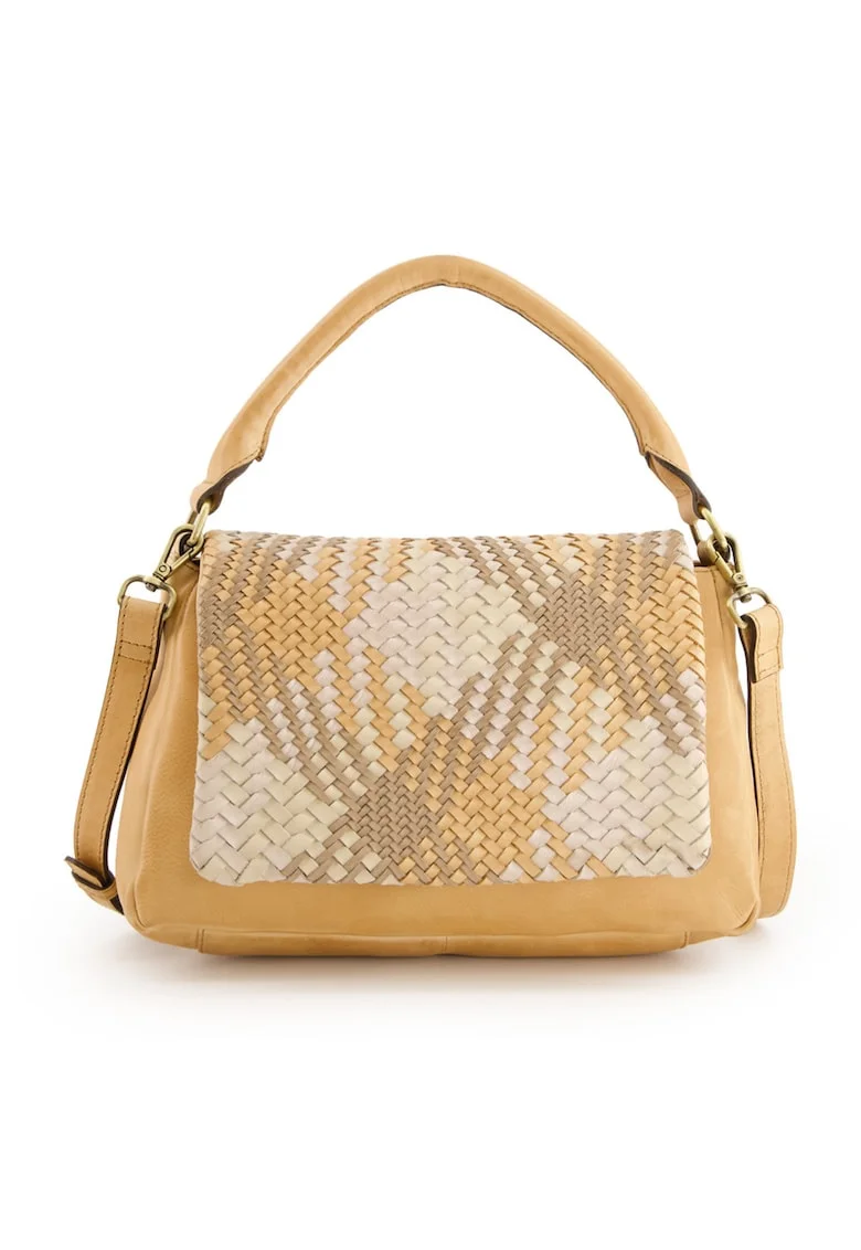 Geanta dama  din piele naturala, crossbody, 3 compartimente, bej/maro, 29x20x10cm