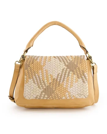 Geanta dama  din piele naturala, crossbody, 3 compartimente, bej/maro, 29x20x10cm