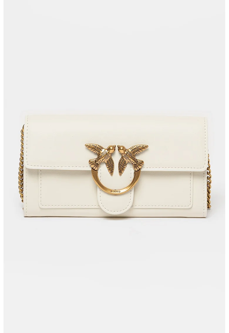 Geanta crossbody de piele cu aplicatie logo metalica Love One, Alb fildes/Bronz