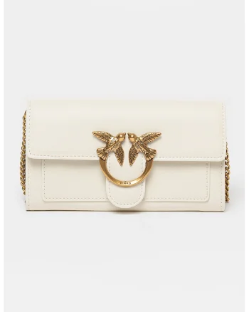 Geanta crossbody de piele cu aplicatie logo metalica Love One, Alb fildes/Bronz