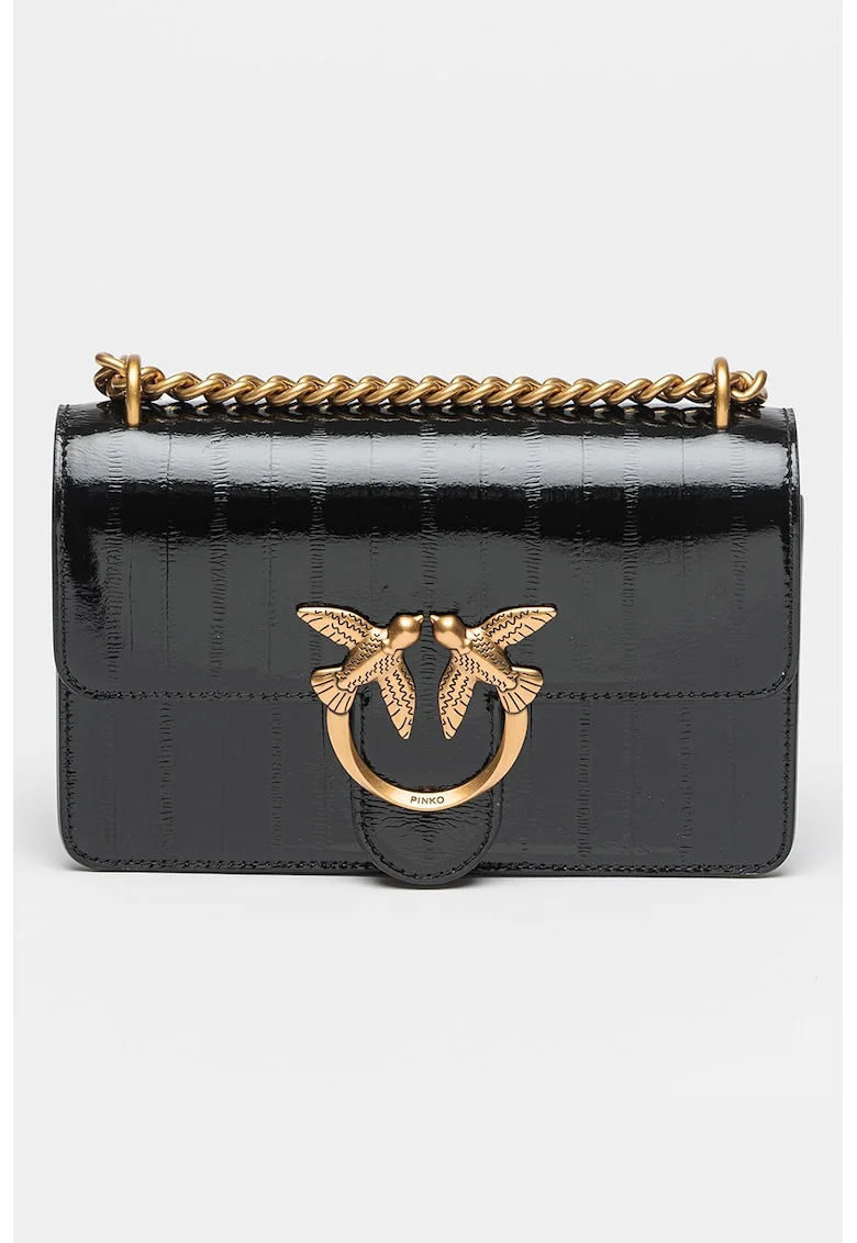 Geanta crossbody de piele cu bareta lant, Negru
