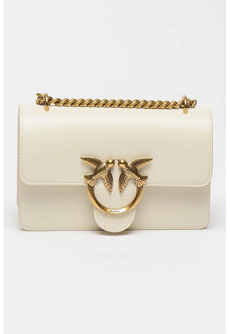 Geanta crossbody mica din piele cu aplicatie logo metalica Love One, Auriu/Crem