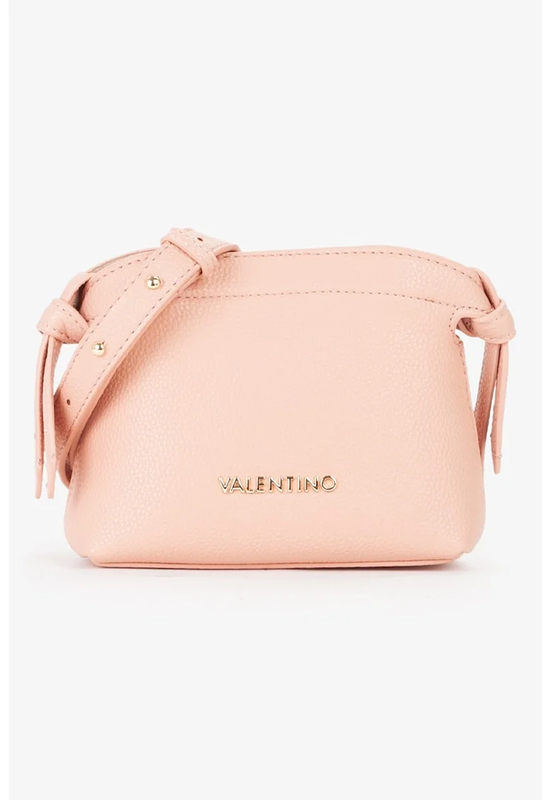 Geanta crossbody de piele ecologica cu logo metalic, Roz pastel