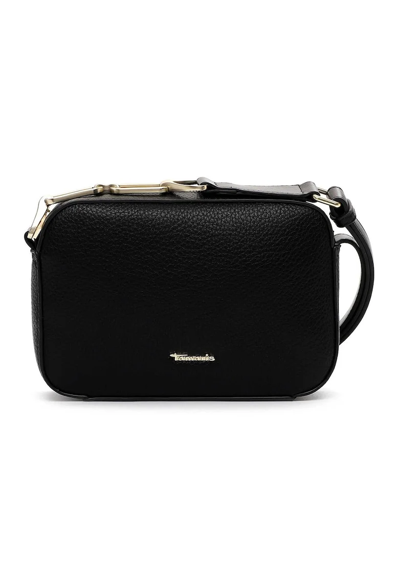 Geanta crossbody de piele ecologica cu logo metalic, Negru, 14,5x21x6