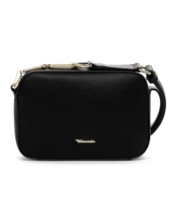 Geanta crossbody de piele ecologica cu logo metalic, Negru, 14,5x21x6