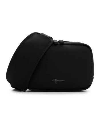 Geanta crossbody de piele ecologica cu logo discret, Negru