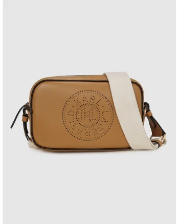 Geanta crossbody de piele cu logo, Caramel