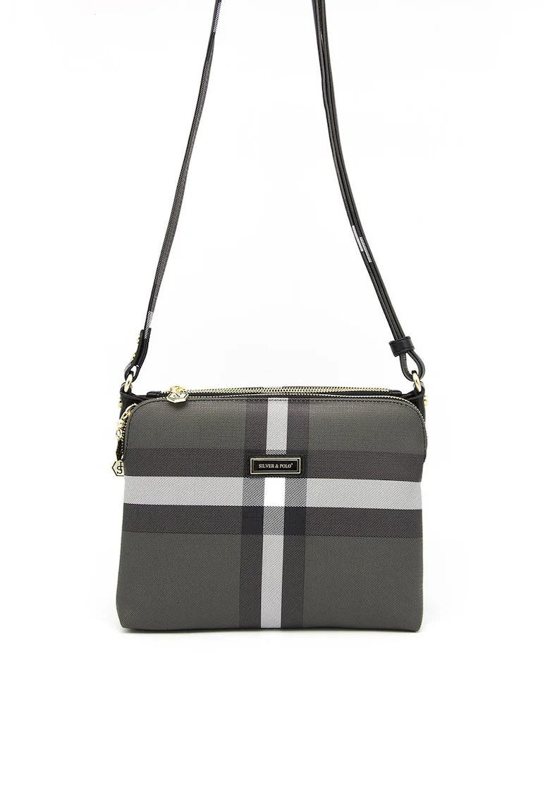 Geanta crossbody de piele ecologica cu in carouri, Negru, Alb/Negru stins, 21x27x10