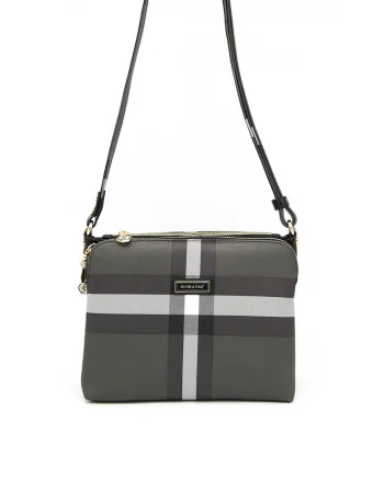 Geanta crossbody de piele ecologica cu in carouri, Negru, Alb/Negru stins, 21x27x10