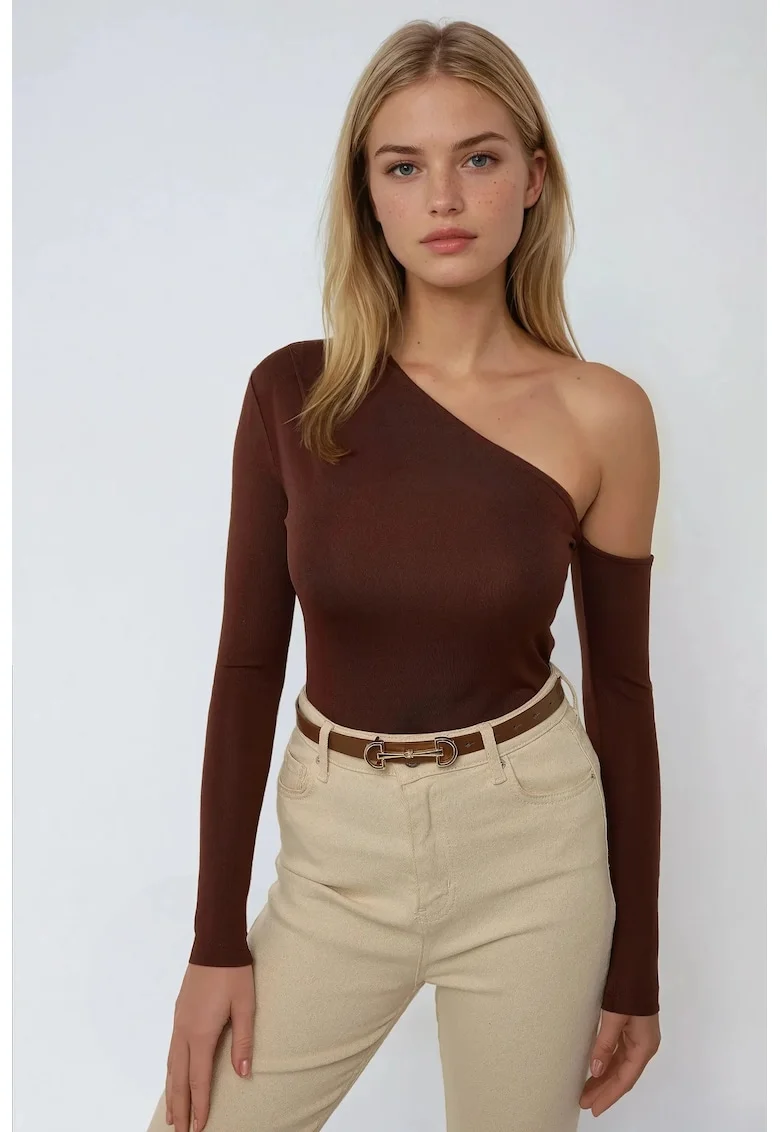 Bluza dama,  body drapat cu guler asimetric, slim fit, maro, poliester