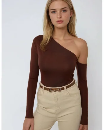 Bluza dama,  body drapat cu guler asimetric, slim fit, maro, poliester