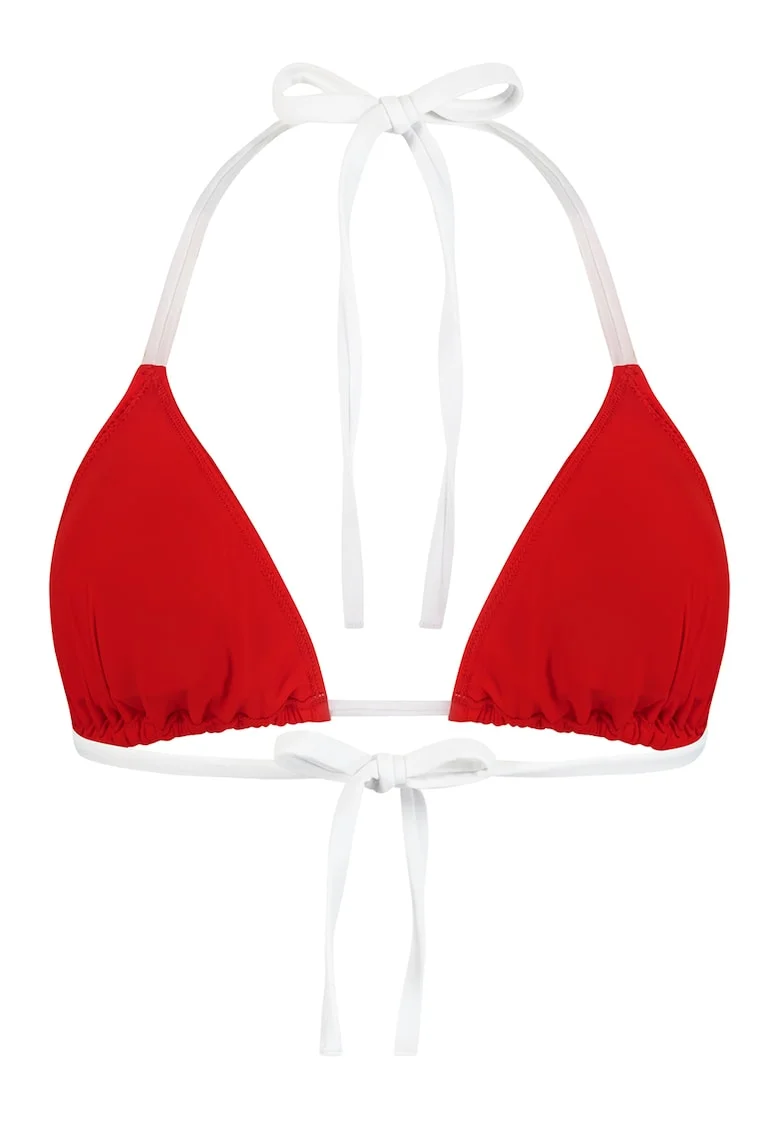 Sutien de baie cu cupe triunghiulare si model uni, Alb/Rosu inchis