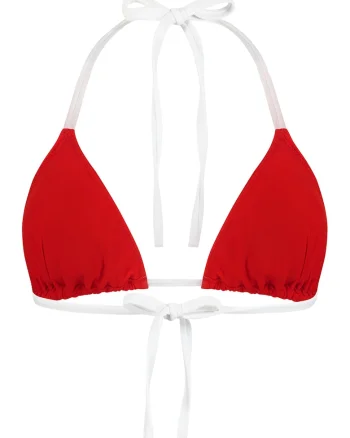Sutien de baie cu cupe triunghiulare si model uni, Alb/Rosu inchis