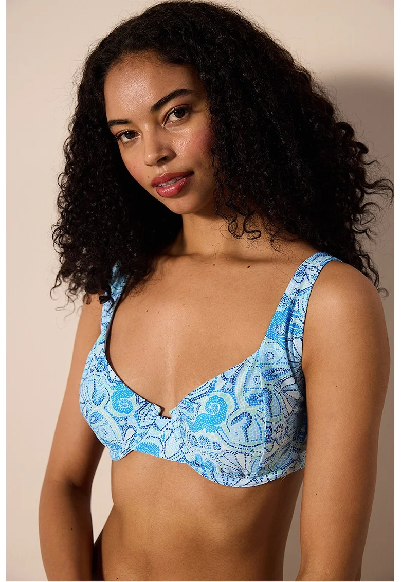 Sutien de baie cu model grafic, Alb/Albastru deschis