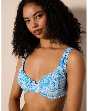 Sutien de baie cu model grafic, Alb/Albastru deschis