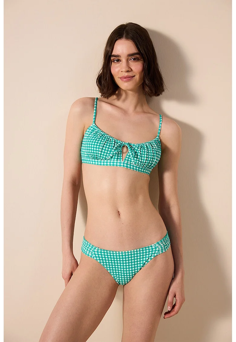 Sutien de baie cu model in carouri, Turcoaz/Alb optic