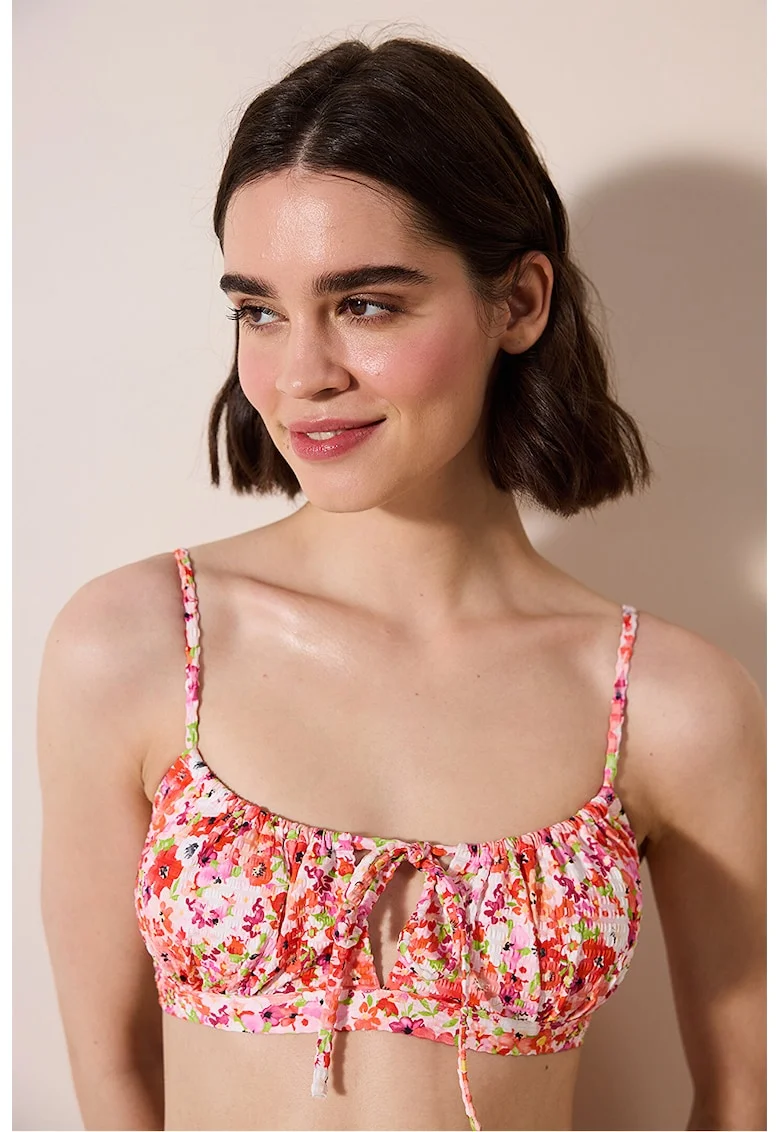 Sutien de baie cu model floral si decupaj, Rosu/Alb/Roz